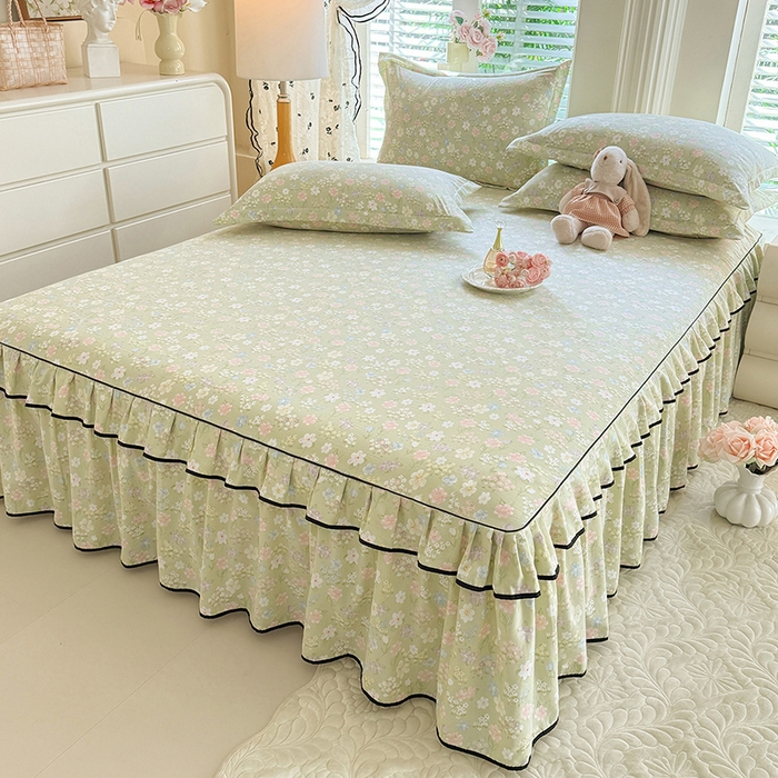 91家纺网 家纺一手货源 找家纺 优家居 2026新款A类水洗棉床裙单件三件套皱皱纱韩版公主风花边床罩直播爆款外贸定制 木槿花