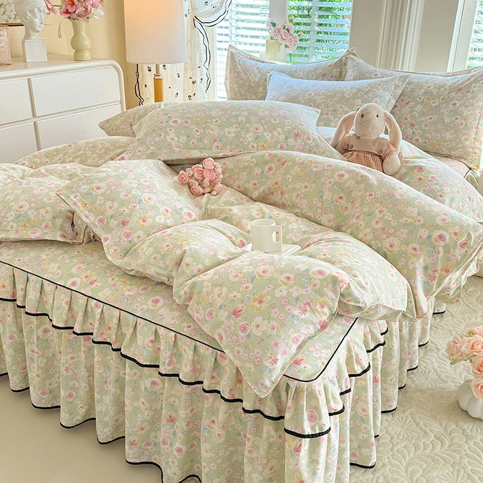 91家纺网 家纺一手货源 找家纺 优家居 2026新款A类水洗棉床裙单件三件套皱皱纱韩版公主风花边床罩直播爆款外贸定制 海棠花颂