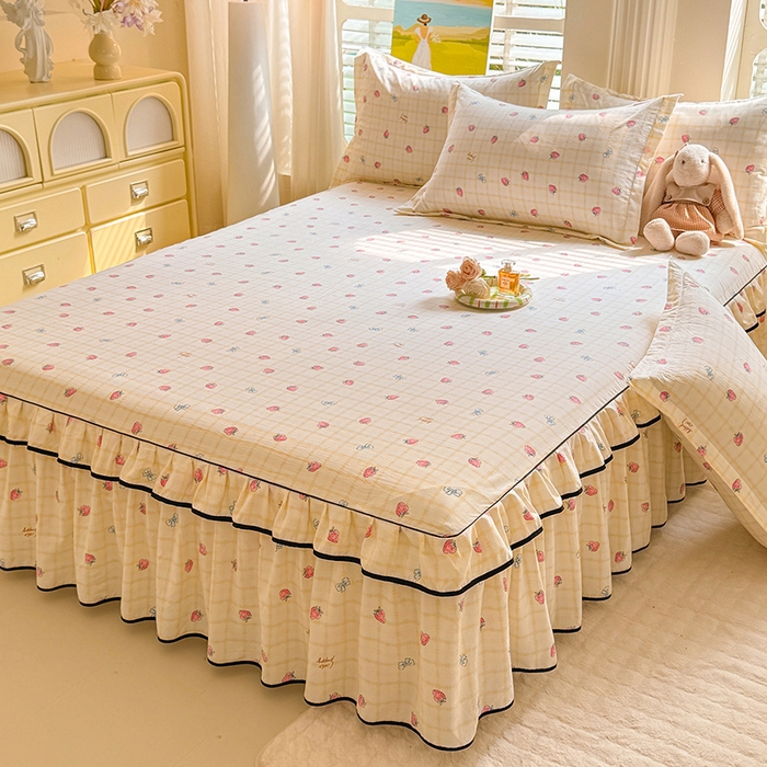 91家纺网 家纺一手货源 找家纺 优家居 2026新款A类水洗棉床裙单件三件套皱皱纱韩版公主风花边床罩直播爆款外贸定制 莓好时光