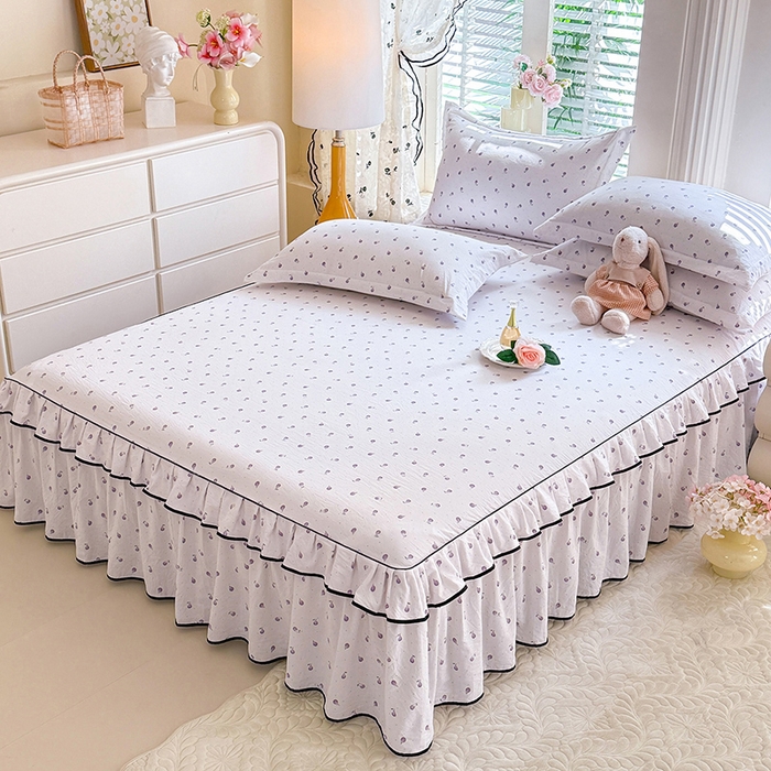 91家纺网 家纺一手货源 找家纺 优家居 2026新款A类水洗棉床裙单件三件套皱皱纱韩版公主风花边床罩直播爆款外贸定制 一口葡萄