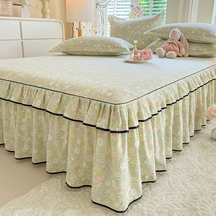 91家纺网 家纺一手货源 找家纺 优家居 2026新款A类水洗棉床裙单件三件套皱皱纱韩版公主风花边床罩直播爆款外贸定制 木槿花