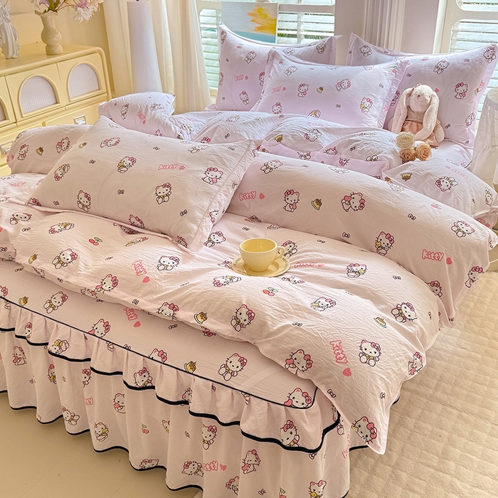 91家纺网 家纺一手货源 找家纺 优家居 2026新款A类水洗棉床裙单件三件套皱皱纱韩版公主风花边床罩直播爆款外贸定制 粉色猫猫