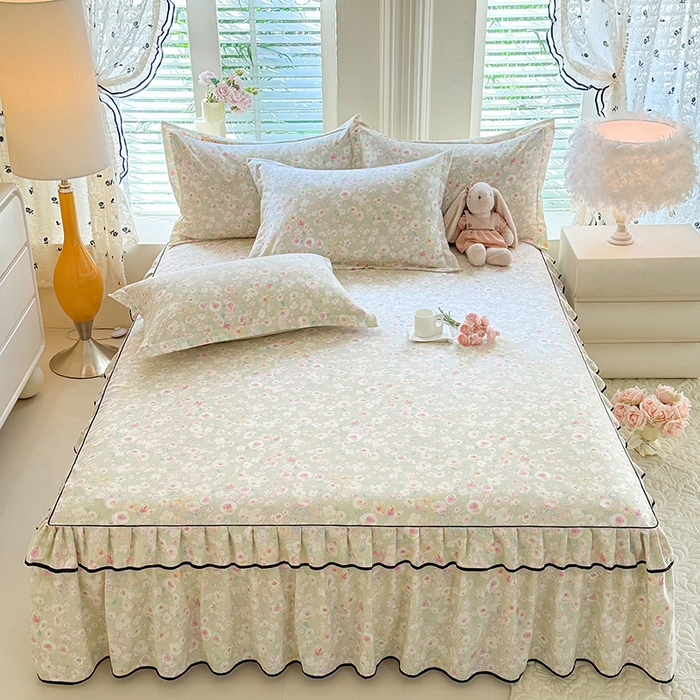 91家纺网 家纺一手货源 找家纺 优家居 2026新款A类水洗棉床裙单件三件套皱皱纱韩版公主风花边床罩直播爆款外贸定制 海棠花颂