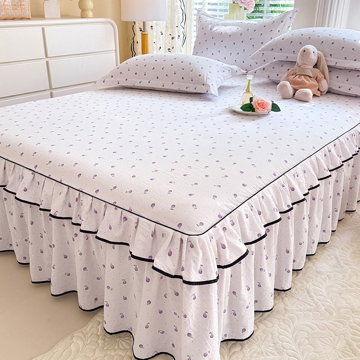 91家纺网 家纺一手货源 找家纺 优家居 2026新款A类水洗棉床裙单件三件套皱皱纱韩版公主风花边床罩直播爆款外贸定制 一口葡萄