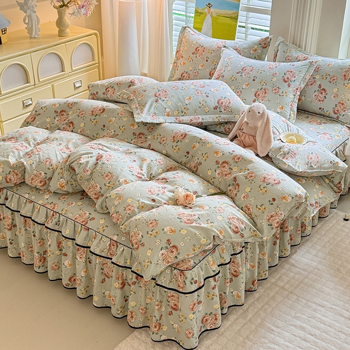 91家纺网 家纺一手货源 找家纺 优家居 2026新款A类水洗棉床裙单件三件套皱皱纱韩版公主风花边床罩直播爆款外贸定制 花花田园