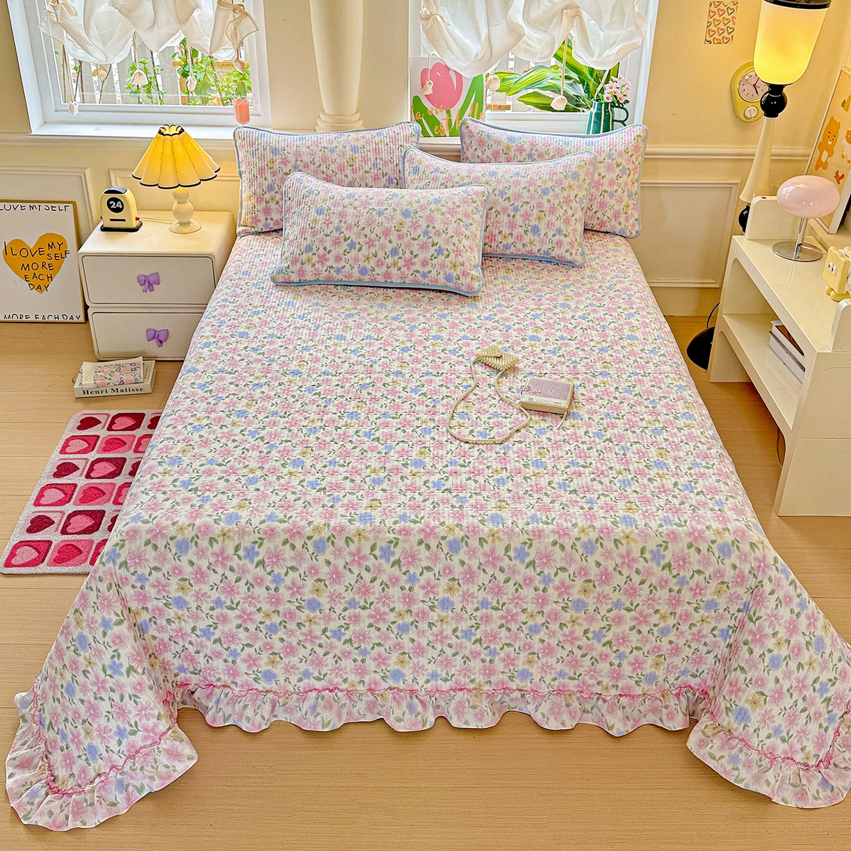 91家纺网 家纺一手货源 找家纺 恒尚居 2026新款云感皱皱纱床盖花边床单双层纱床盖三件套-四季款 花边款-蔷薇