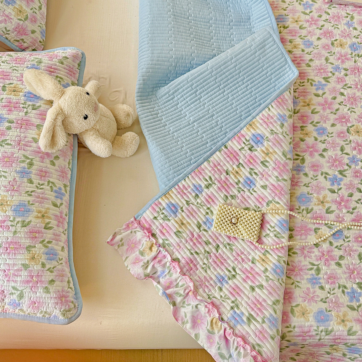 91家纺网 家纺一手货源 找家纺 恒尚居 2026新款云感皱皱纱床盖花边床单双层纱床盖三件套-四季款 花边款-蔷薇