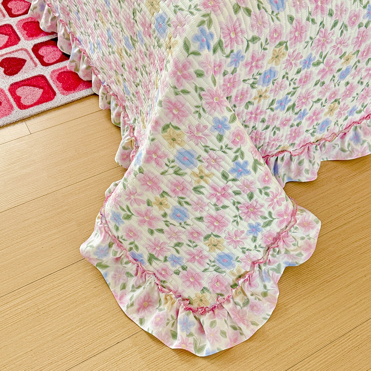 91家纺网 家纺一手货源 找家纺 恒尚居 2026新款云感皱皱纱床盖花边床单双层纱床盖三件套-四季款 花边款-蔷薇