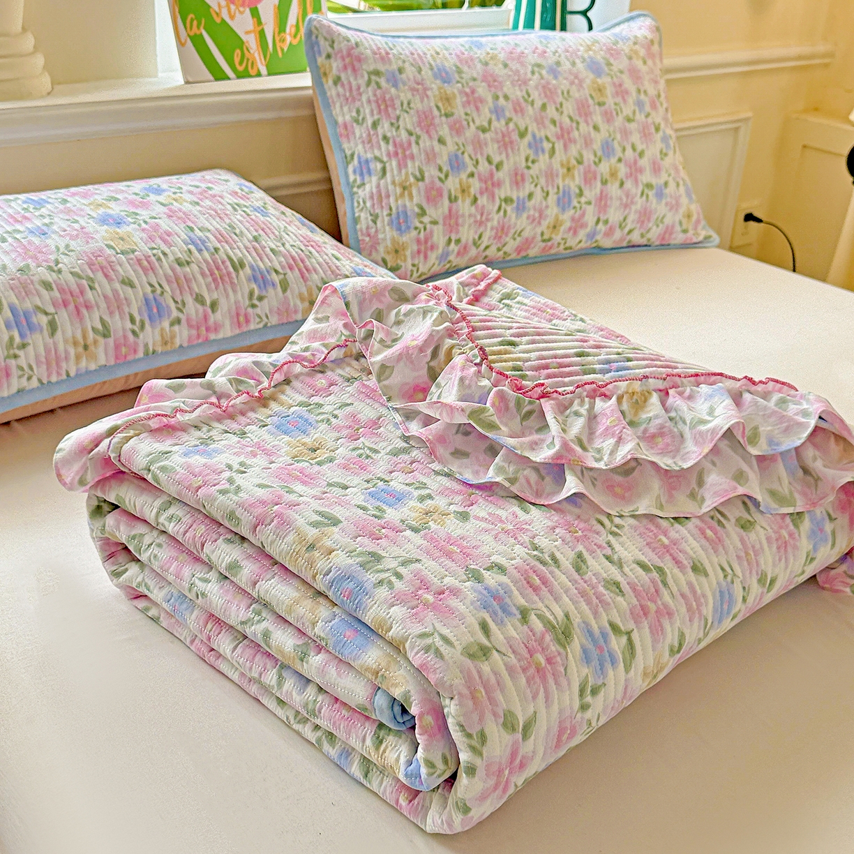 91家纺网 家纺一手货源 找家纺 恒尚居 2026新款云感皱皱纱床盖花边床单双层纱床盖三件套-四季款 花边款-蔷薇