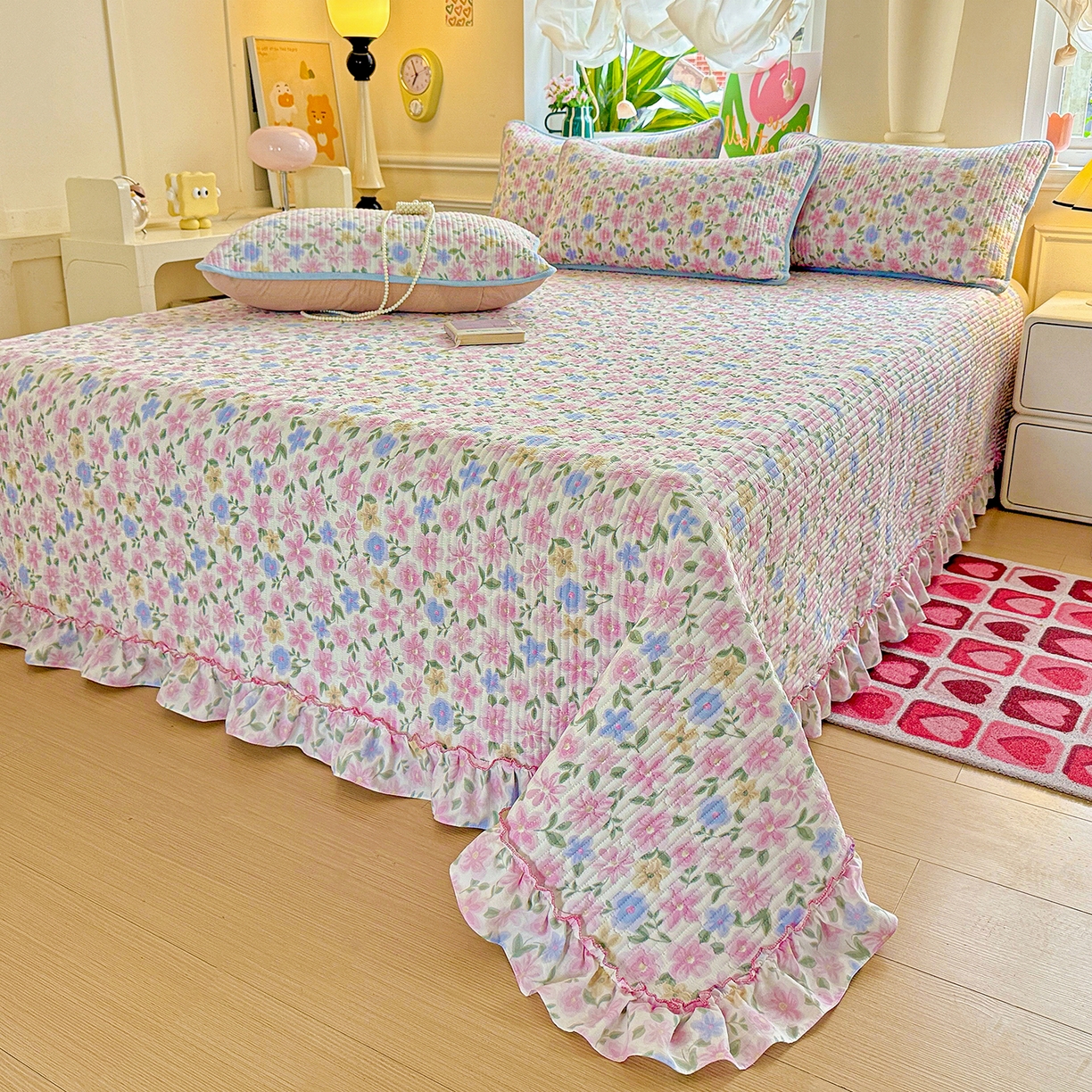 91家纺网 家纺一手货源 找家纺 恒尚居 2026新款云感皱皱纱床盖花边床单双层纱床盖三件套-四季款 花边款-蔷薇