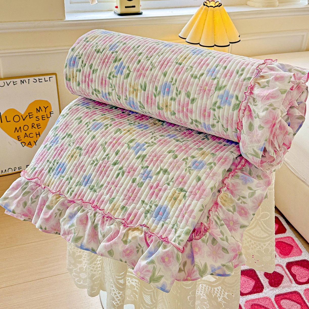 91家纺网 家纺一手货源 找家纺 恒尚居 2026新款云感皱皱纱床盖花边床单双层纱床盖三件套-四季款 花边款-蔷薇