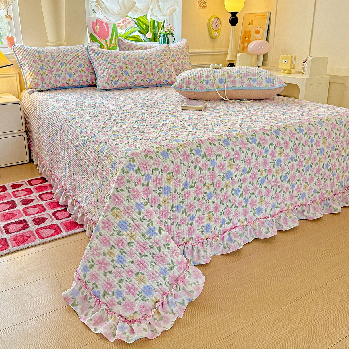 91家纺网 家纺一手货源 找家纺 恒尚居 2026新款云感皱皱纱床盖花边床单双层纱床盖三件套-四季款 花边款-蔷薇