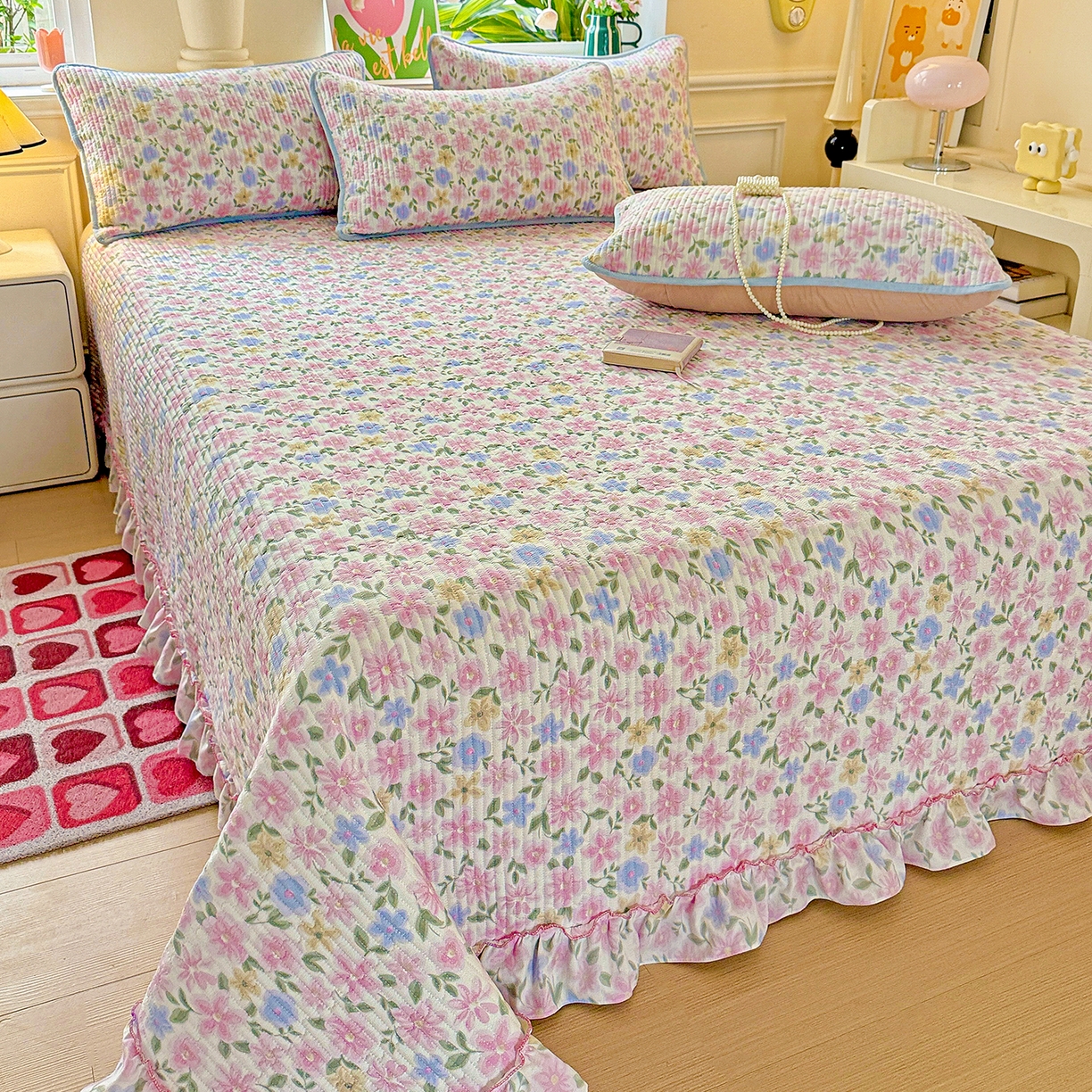 91家纺网 家纺一手货源 找家纺 恒尚居 2026新款云感皱皱纱床盖花边床单双层纱床盖三件套-四季款 花边款-蔷薇