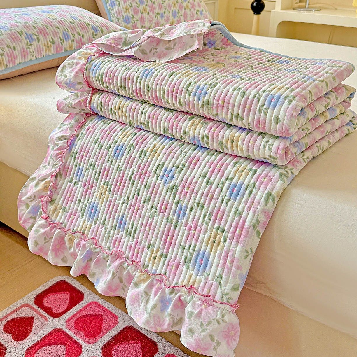 91家纺网 家纺一手货源 找家纺 恒尚居 2026新款云感皱皱纱床盖花边床单双层纱床盖三件套-四季款 花边款-蔷薇