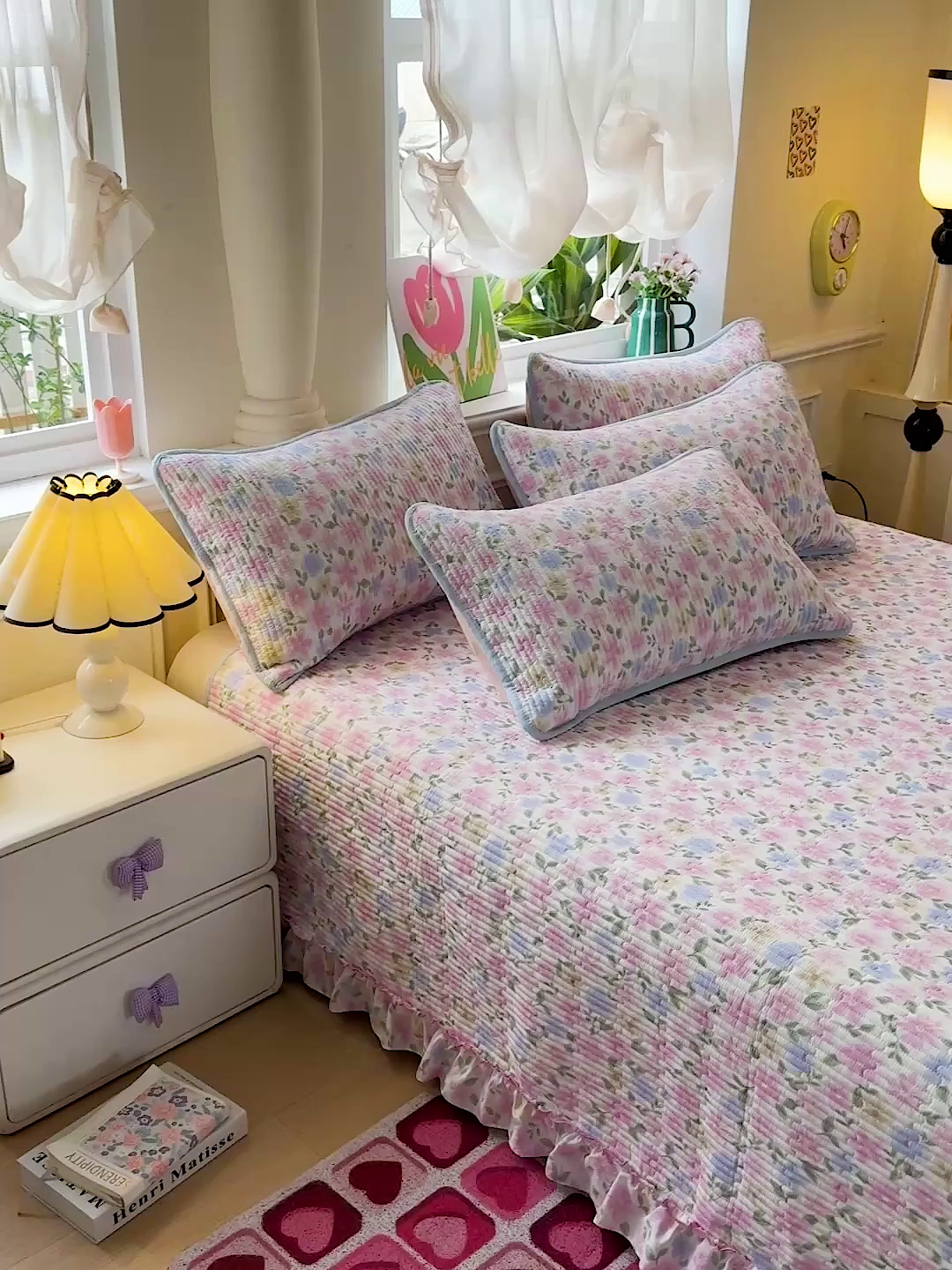 91家纺网 家纺一手货源 找家纺 恒尚居 2026新款云感皱皱纱床盖花边床单双层纱床盖三件套-四季款 花边款-蔷薇