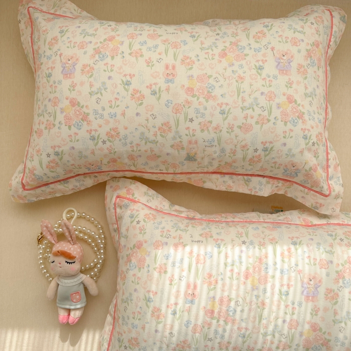 91家纺网 家纺一手货源 找家纺 百寐 2026新款母婴A类双层棉纱枕套婴幼儿卡通宝宝枕套子母信封枕套 花花小兔