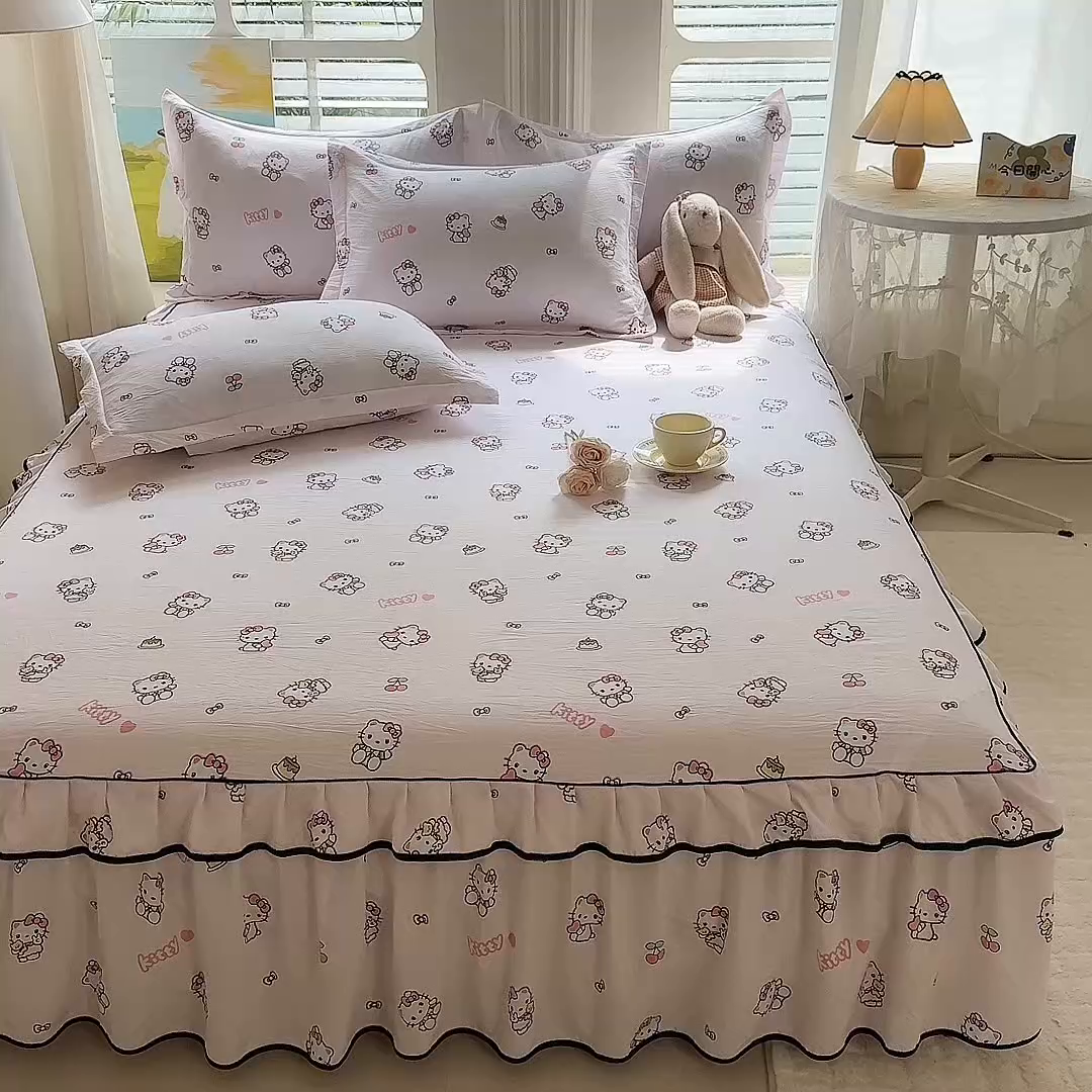 91家纺网 家纺一手货源 找家纺 优家居 2026新款A类水洗棉床裙单件三件套皱皱纱韩版公主风花边床罩直播爆款外贸定制 粉色猫猫