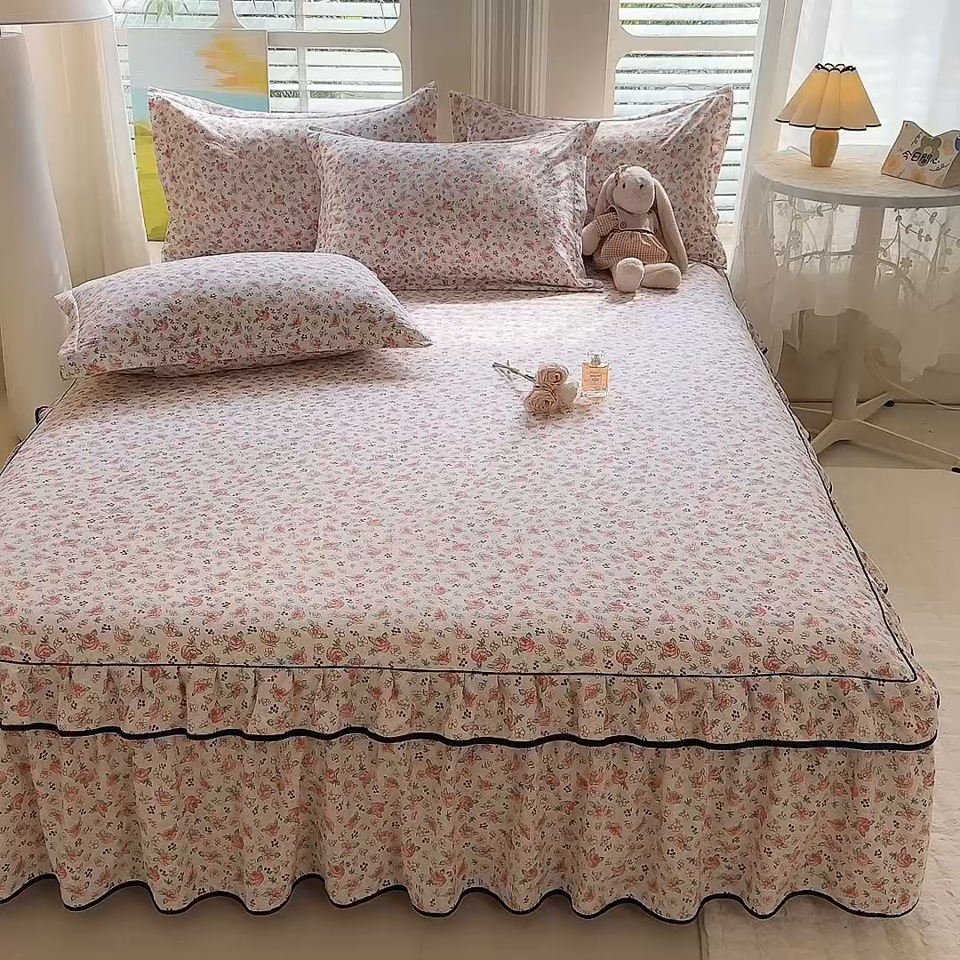 91家纺网 家纺一手货源 找家纺 优家居 2026新款A类水洗棉床裙单件三件套皱皱纱韩版公主风花边床罩直播爆款外贸定制 陌上花开
