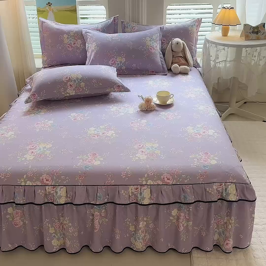 91家纺网 家纺一手货源 找家纺 优家居 2026新款A类水洗棉床裙单件三件套皱皱纱韩版公主风花边床罩直播爆款外贸定制 秘园絮语