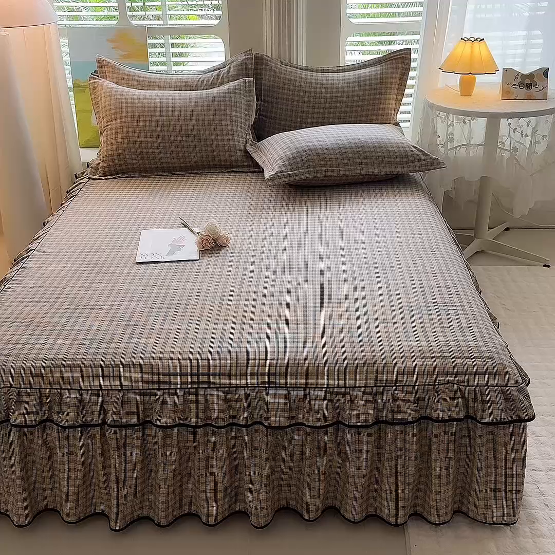 91家纺网 家纺一手货源 找家纺 优家居 2026新款A类水洗棉床裙单件三件套皱皱纱韩版公主风花边床罩直播爆款外贸定制 巴宝格-咖