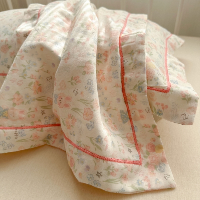 91家纺网 家纺一手货源 找家纺 百寐 2026新款母婴A类双层棉纱枕套婴幼儿卡通宝宝枕套子母信封枕套 花花小兔