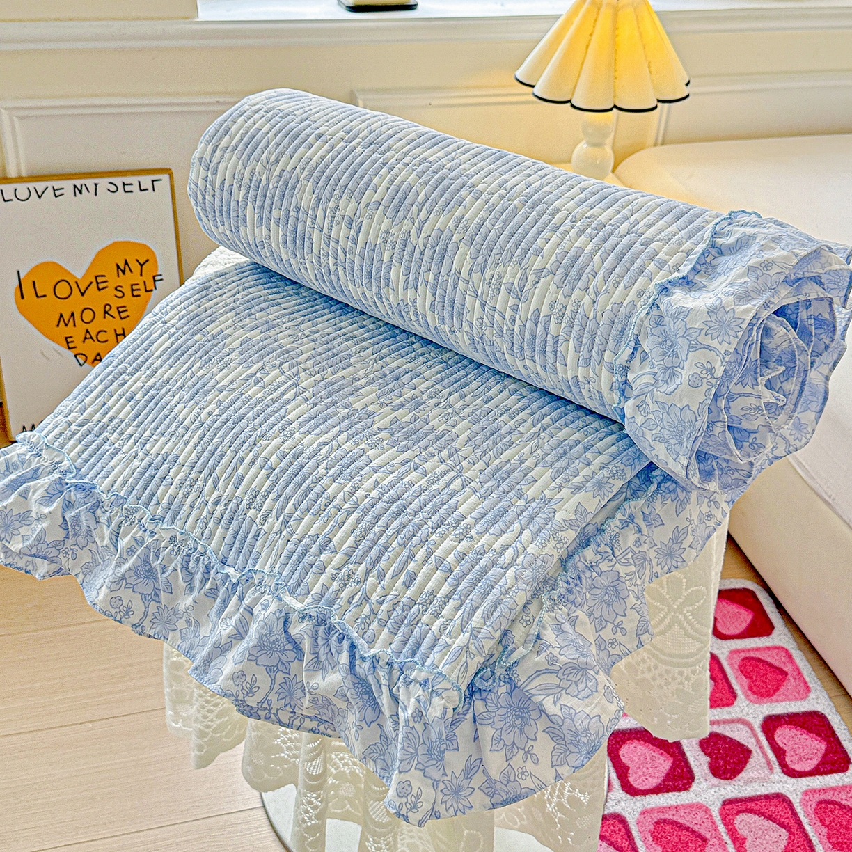 91家纺网 家纺一手货源 找家纺 恒尚居 2026新款云感皱皱纱床盖花边床单双层纱床盖三件套-四季款 花边款-清新蓝