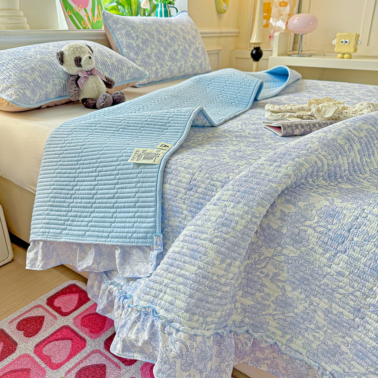 91家纺网 家纺一手货源 找家纺 恒尚居 2026新款云感皱皱纱床盖花边床单双层纱床盖三件套-四季款 花边款-清新蓝