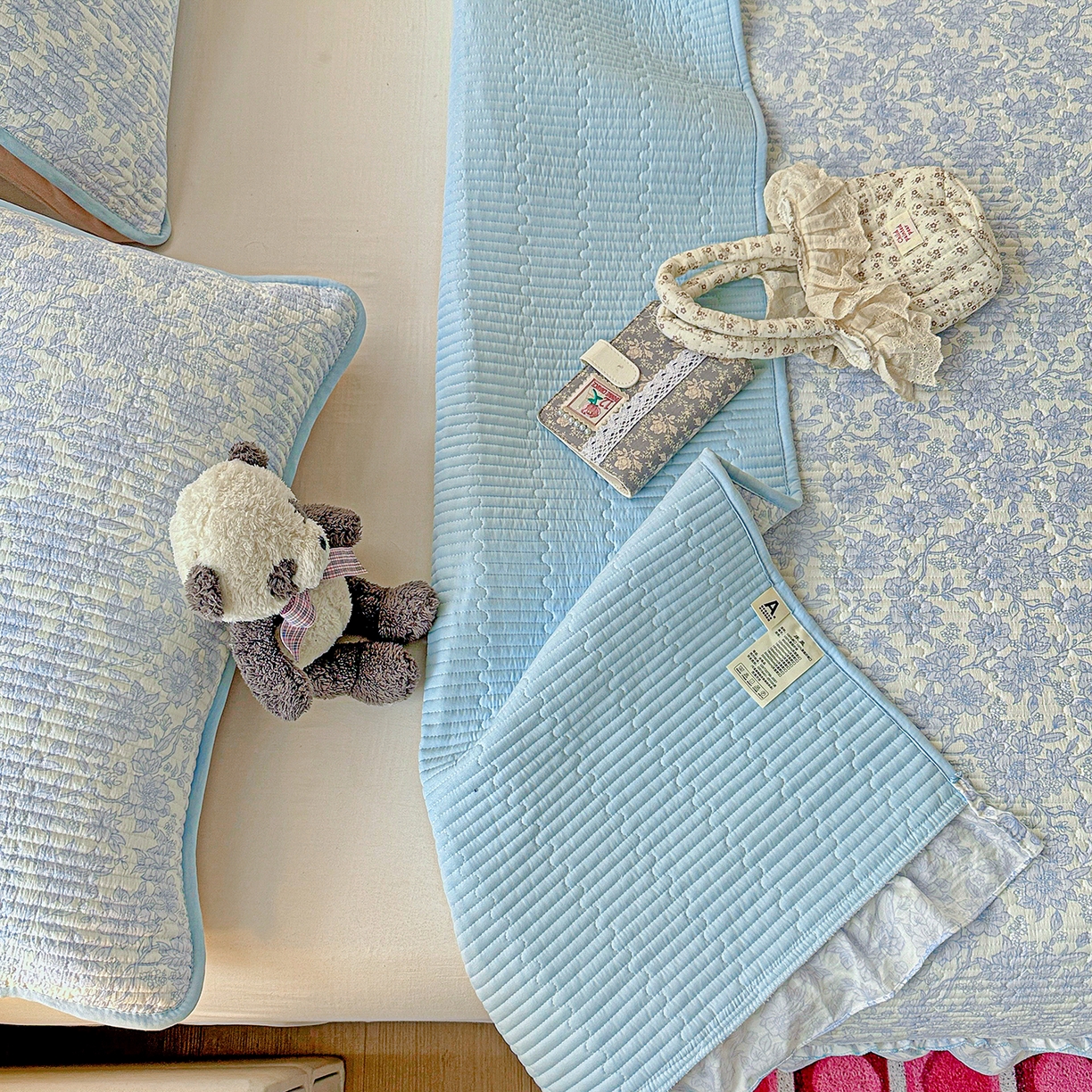 91家纺网 家纺一手货源 找家纺 恒尚居 2026新款云感皱皱纱床盖花边床单双层纱床盖三件套-四季款 花边款-清新蓝