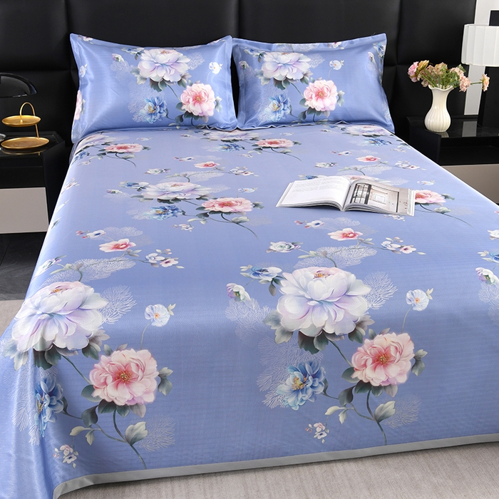 91家纺网 家纺一手货源 找家纺 绒品壹家家纺 2026新款立体数码印花凉感丝冰丝席软凉席席子三件套 繁花