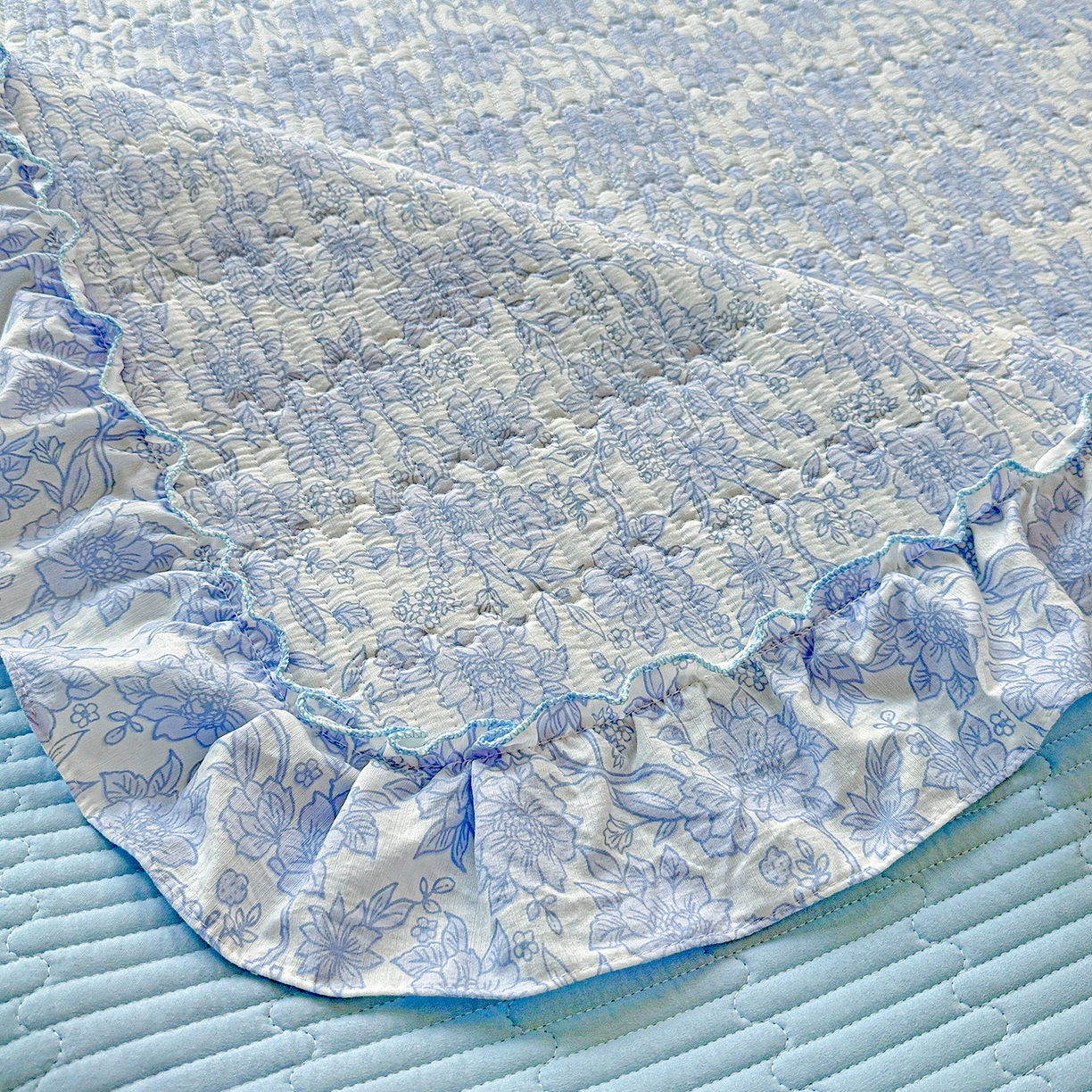 91家纺网 家纺一手货源 找家纺 恒尚居 2026新款云感皱皱纱床盖花边床单双层纱床盖三件套-四季款 花边款-清新蓝