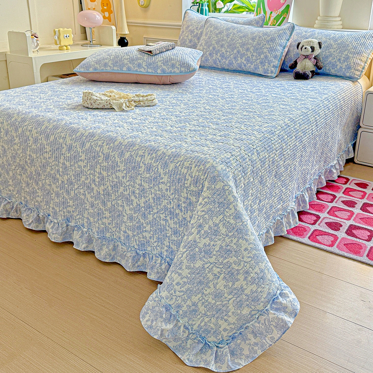 91家纺网 家纺一手货源 找家纺 恒尚居 2026新款云感皱皱纱床盖花边床单双层纱床盖三件套-四季款 花边款-清新蓝