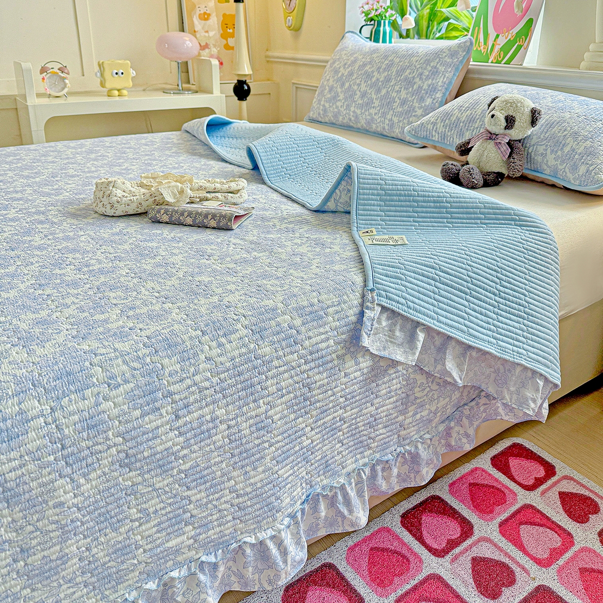 91家纺网 家纺一手货源 找家纺 恒尚居 2026新款云感皱皱纱床盖花边床单双层纱床盖三件套-四季款 花边款-清新蓝