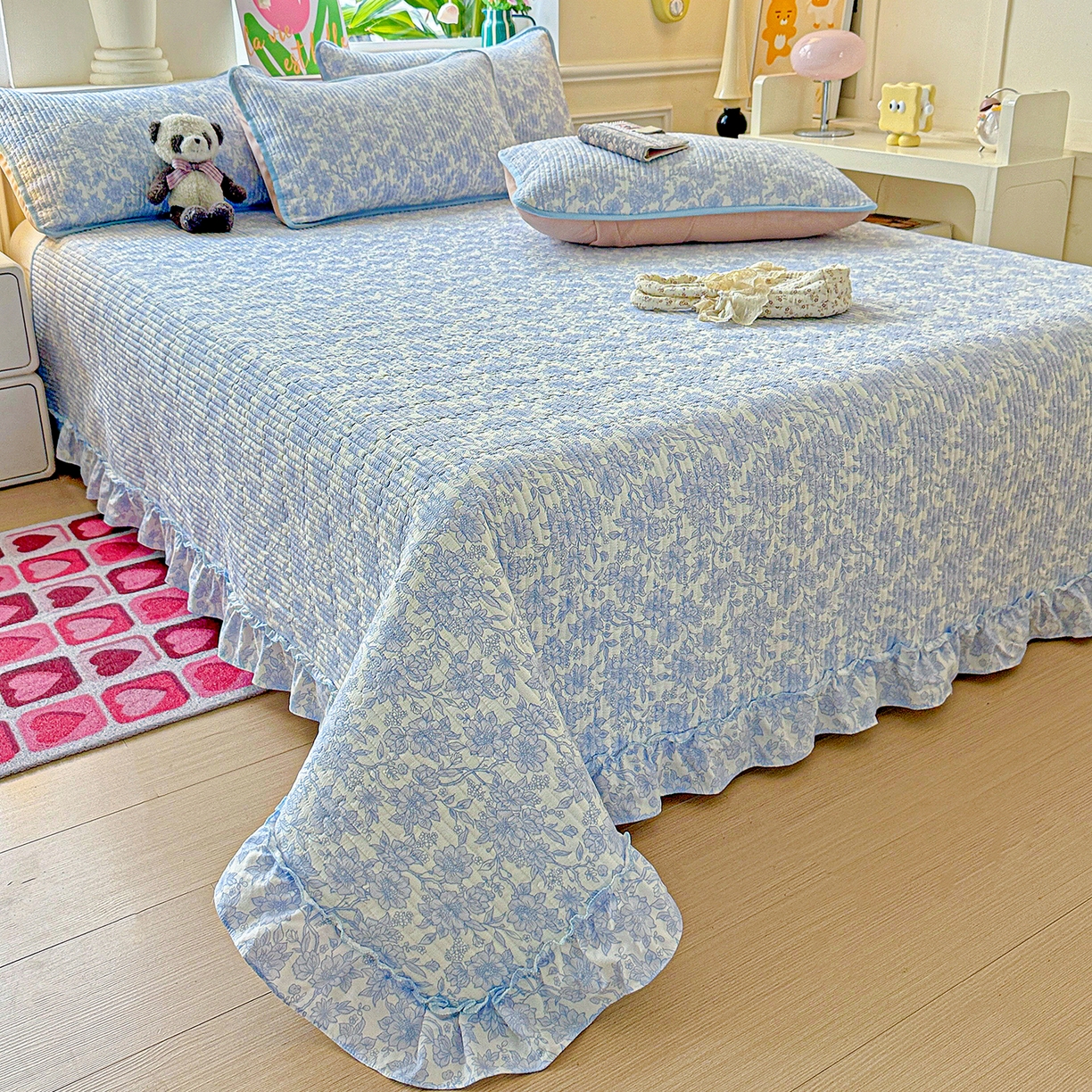 91家纺网 家纺一手货源 找家纺 恒尚居 2026新款云感皱皱纱床盖花边床单双层纱床盖三件套-四季款 花边款-清新蓝