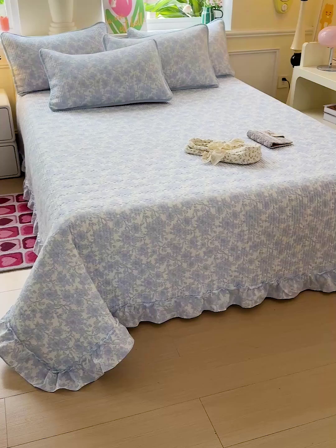 91家纺网 家纺一手货源 找家纺 恒尚居 2026新款云感皱皱纱床盖花边床单双层纱床盖三件套-四季款 花边款-清新蓝