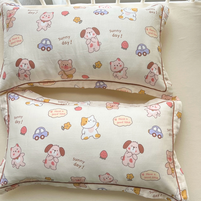 91家纺网 家纺一手货源 找家纺 百寐 2026新款母婴A类双层棉纱枕套婴幼儿卡通宝宝枕套子母信封枕套 可爱多