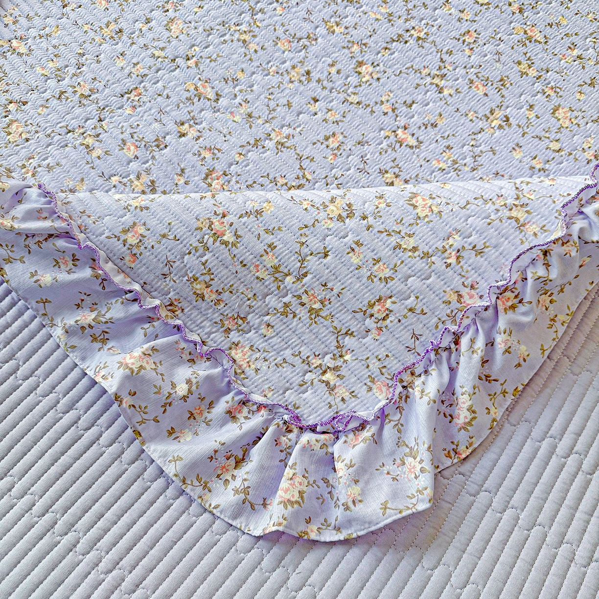 91家纺网 家纺一手货源 找家纺 恒尚居 2026新款云感皱皱纱床盖花边床单双层纱床盖三件套-四季款 花边款-紫腾花