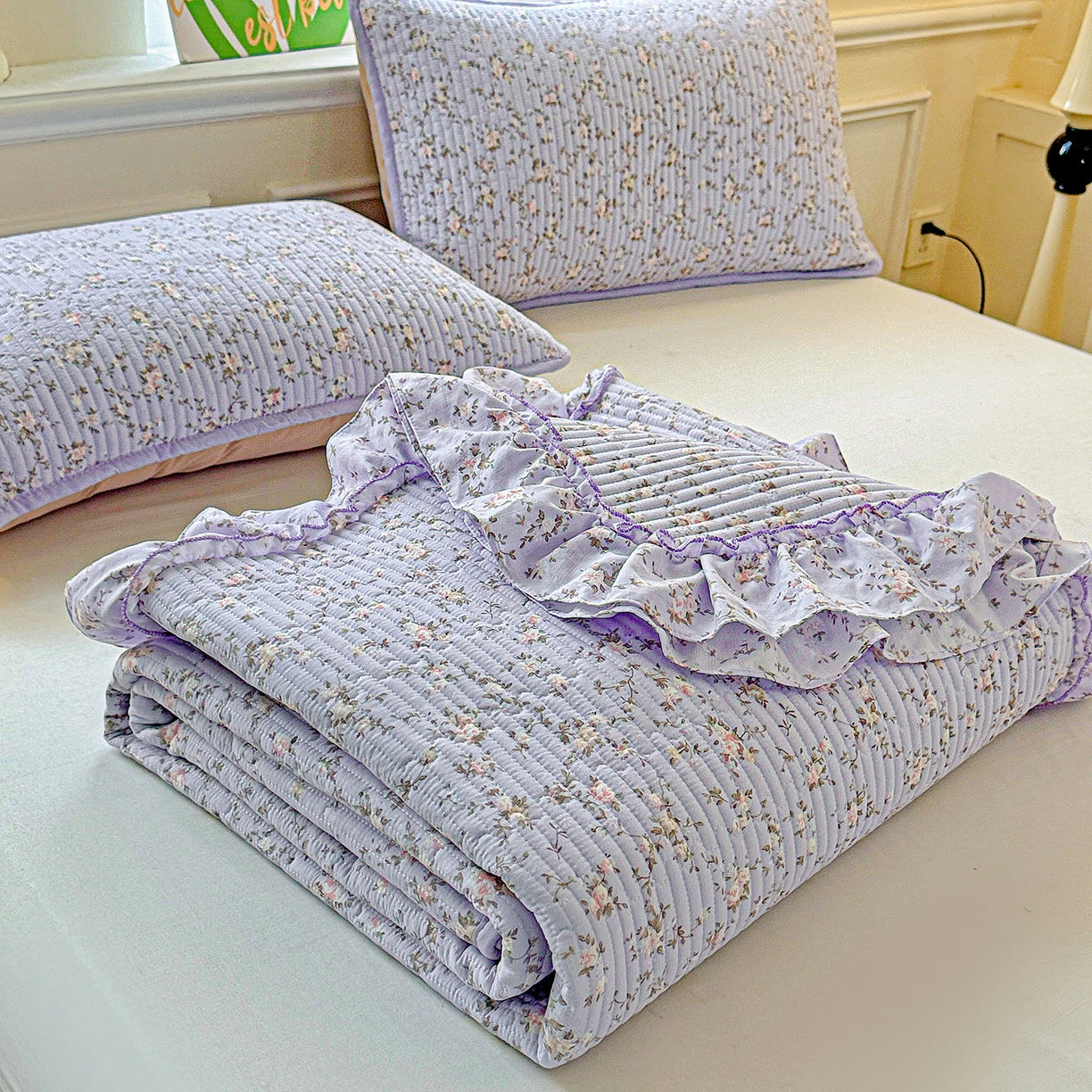 91家纺网 家纺一手货源 找家纺 恒尚居 2026新款云感皱皱纱床盖花边床单双层纱床盖三件套-四季款 花边款-紫腾花