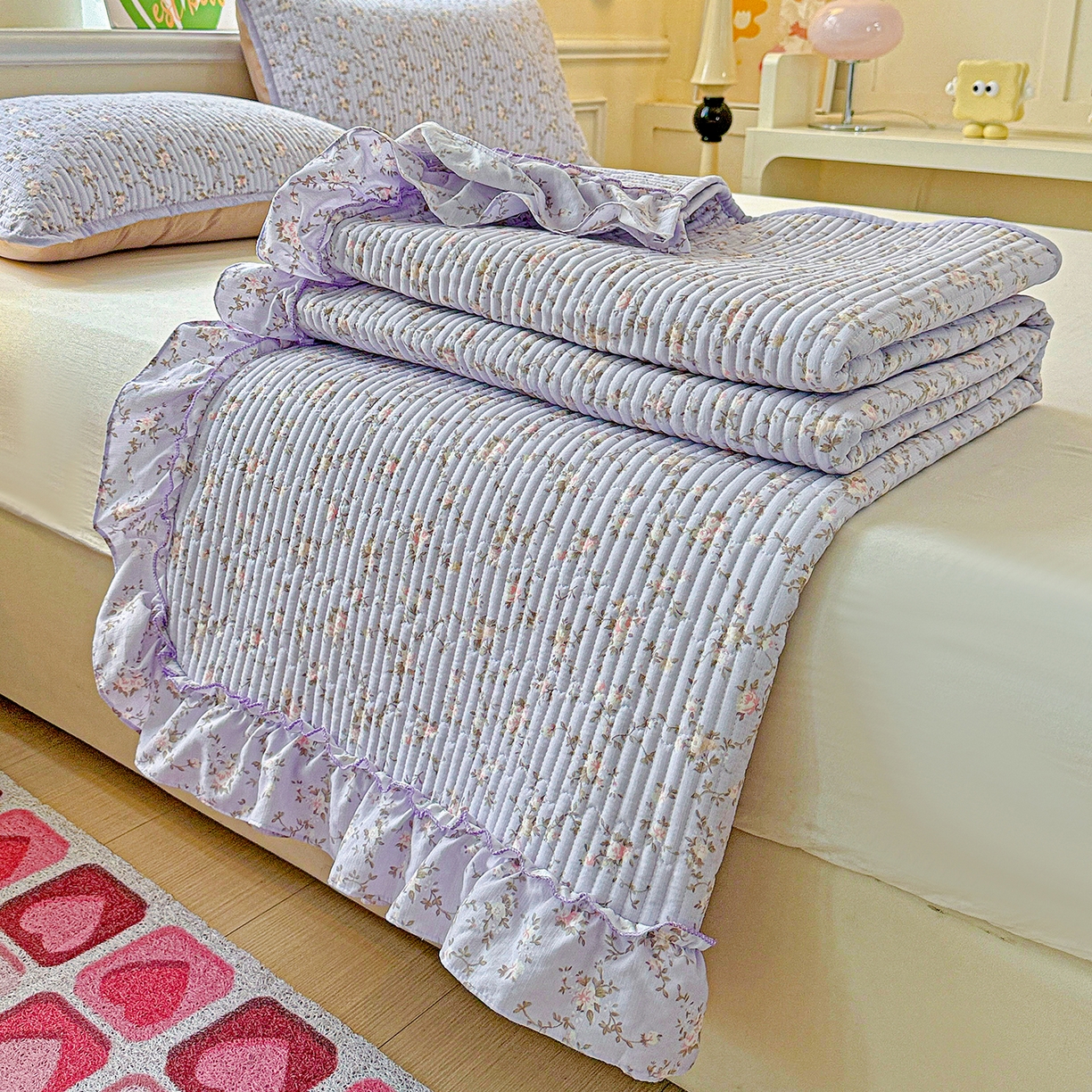 91家纺网 家纺一手货源 找家纺 恒尚居 2026新款云感皱皱纱床盖花边床单双层纱床盖三件套-四季款 花边款-紫腾花