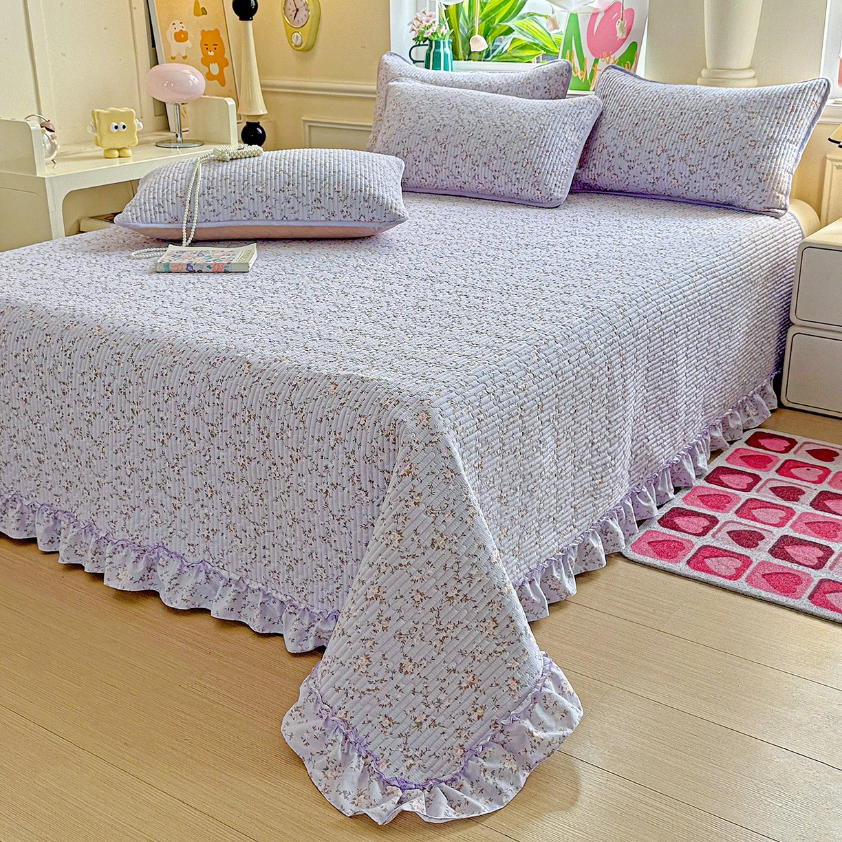 91家纺网 家纺一手货源 找家纺 恒尚居 2026新款云感皱皱纱床盖花边床单双层纱床盖三件套-四季款 花边款-紫腾花