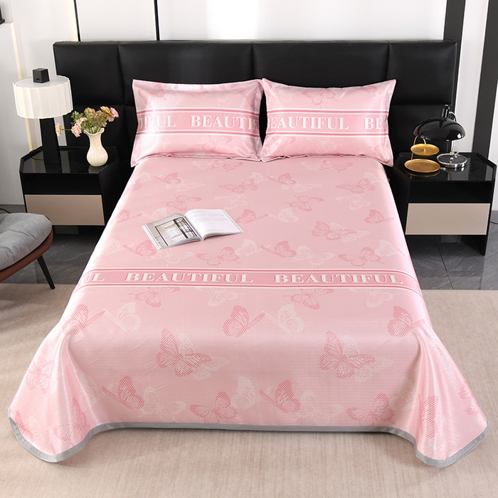 绒品壹家家纺 2026新款立体数码印花凉感丝冰丝席软凉席席子三件套 蝴蝶  粉