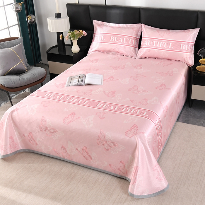 91家纺网 家纺一手货源 找家纺 绒品壹家家纺 2026新款立体数码印花凉感丝冰丝席软凉席席子三件套 蝴蝶  粉