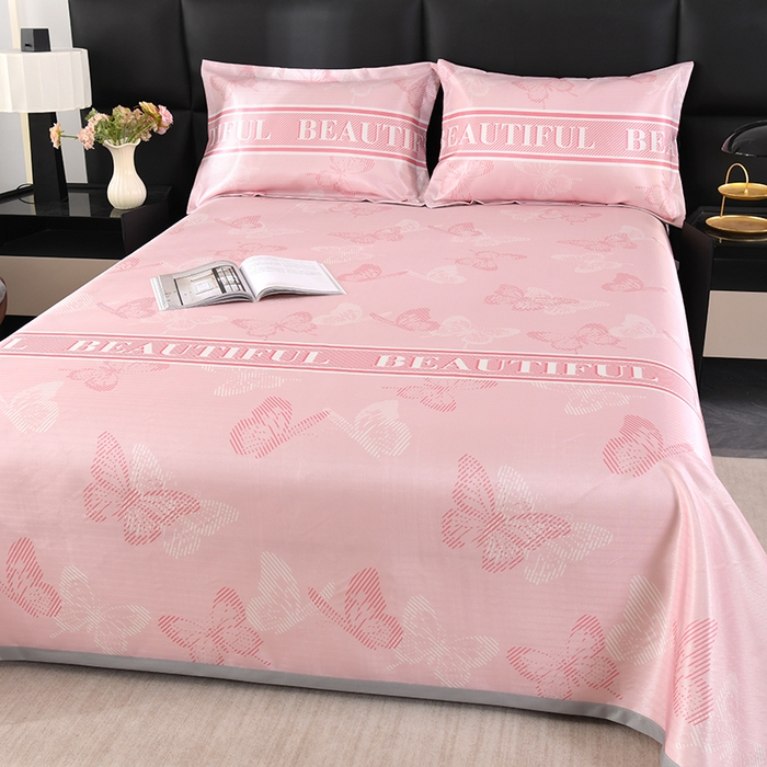 91家纺网 家纺一手货源 找家纺 绒品壹家家纺 2026新款立体数码印花凉感丝冰丝席软凉席席子三件套 蝴蝶  粉