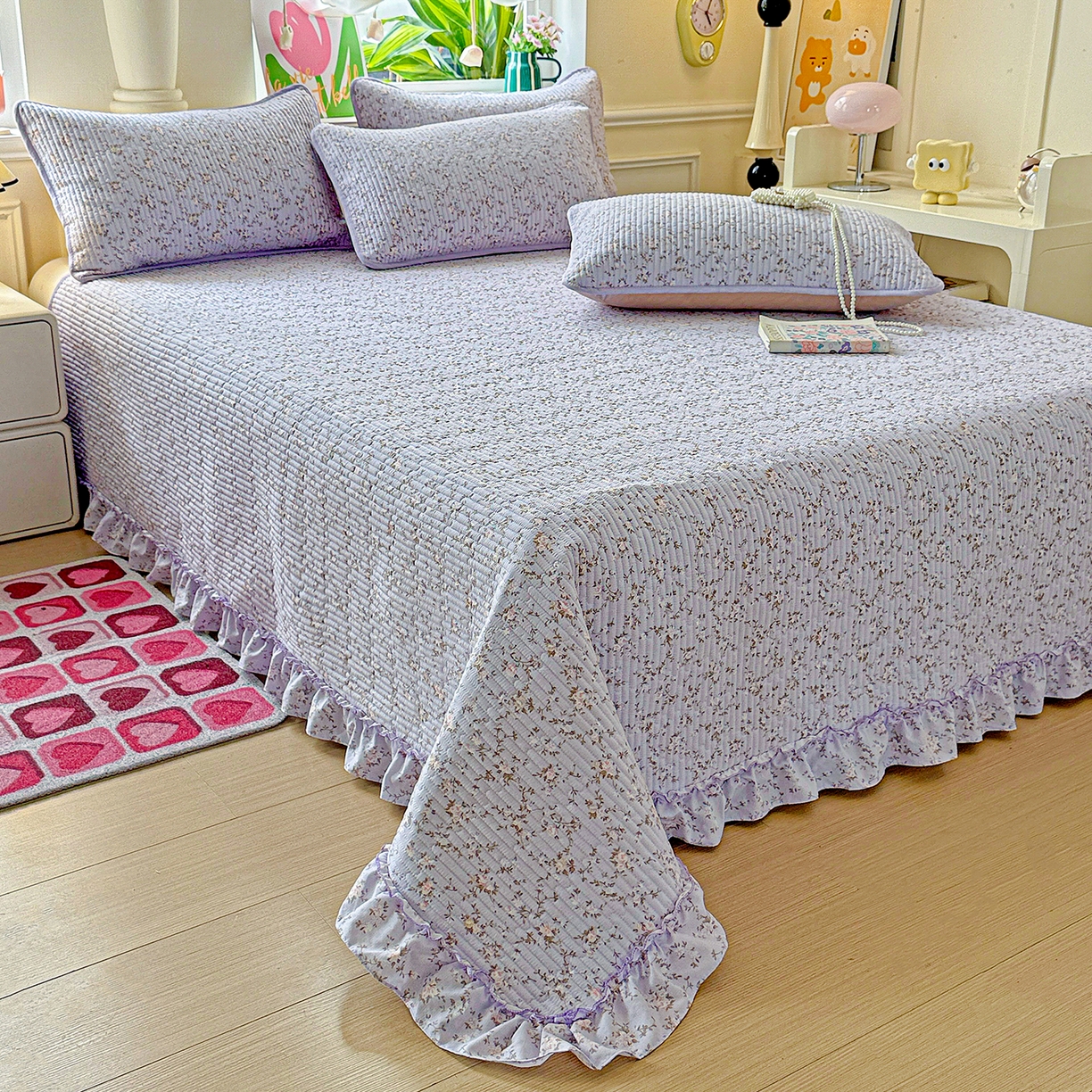 91家纺网 家纺一手货源 找家纺 恒尚居 2026新款云感皱皱纱床盖花边床单双层纱床盖三件套-四季款 花边款-紫腾花