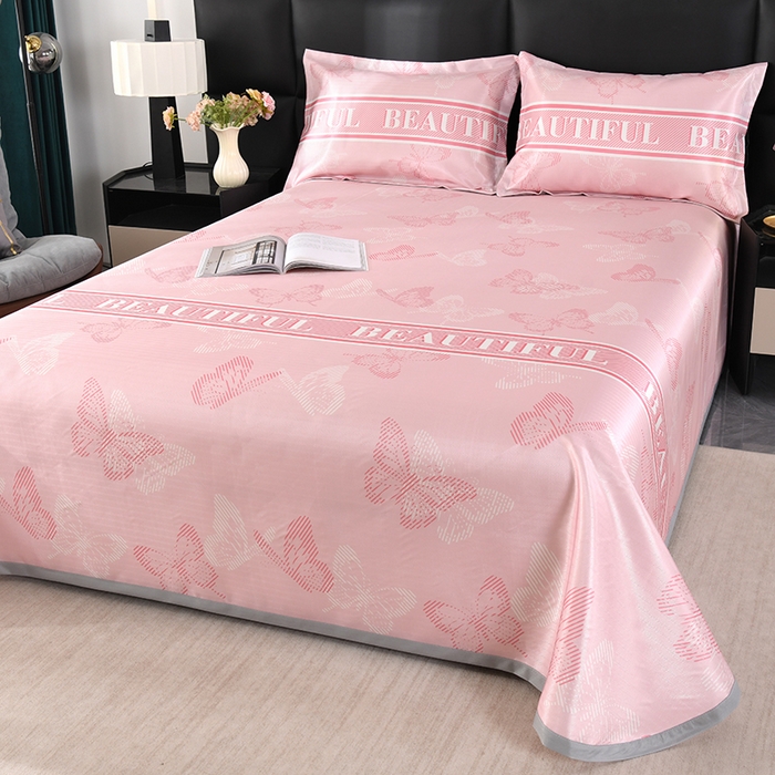 91家纺网 家纺一手货源 找家纺 绒品壹家家纺 2026新款立体数码印花凉感丝冰丝席软凉席席子三件套 蝴蝶  粉