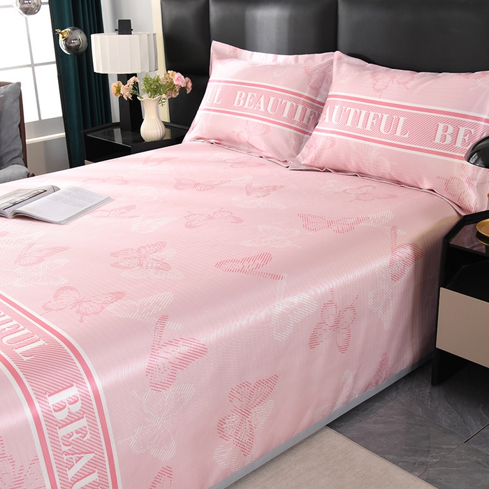 91家纺网 家纺一手货源 找家纺 绒品壹家家纺 2026新款立体数码印花凉感丝冰丝席软凉席席子三件套 蝴蝶  粉