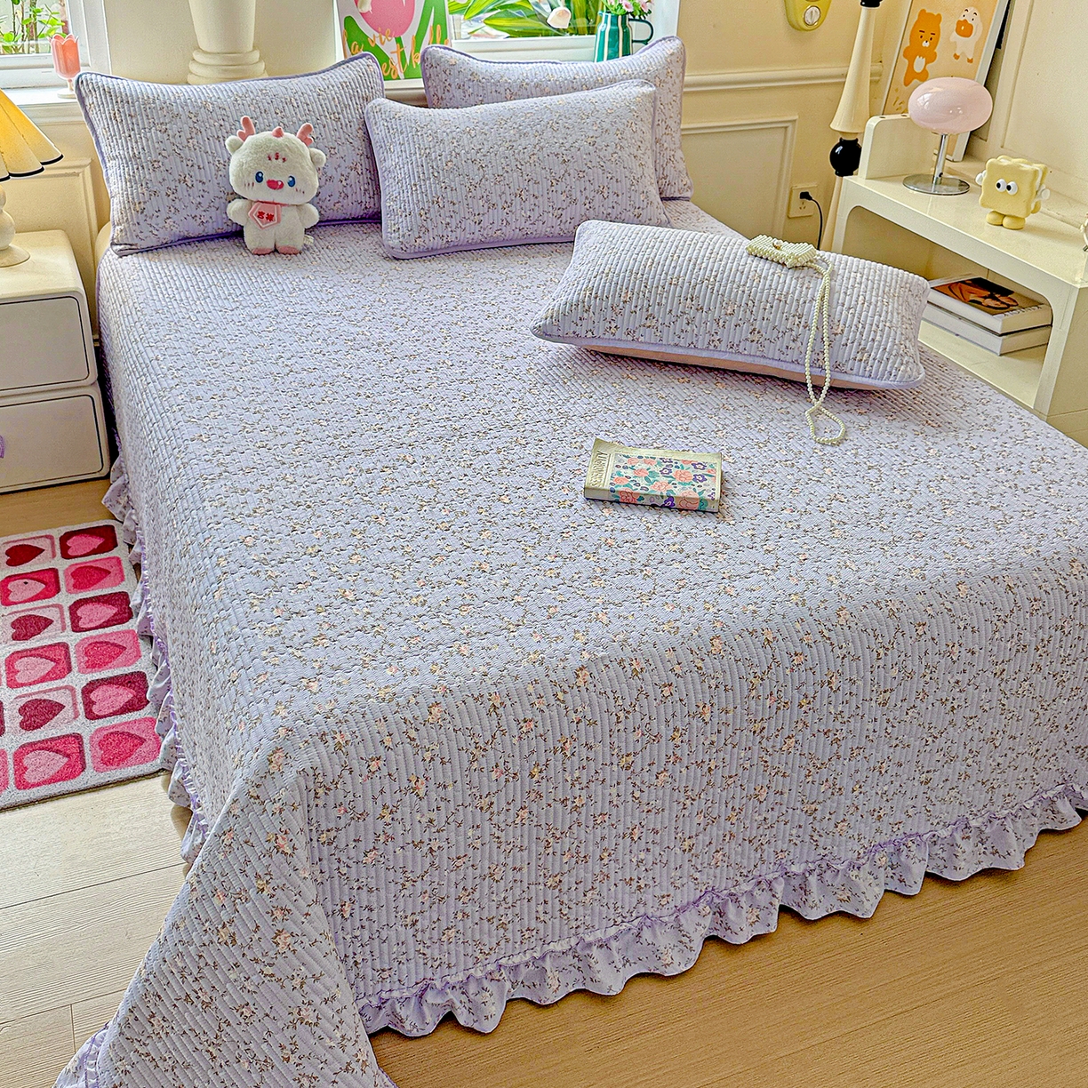 91家纺网 家纺一手货源 找家纺 恒尚居 2026新款云感皱皱纱床盖花边床单双层纱床盖三件套-四季款 花边款-紫腾花