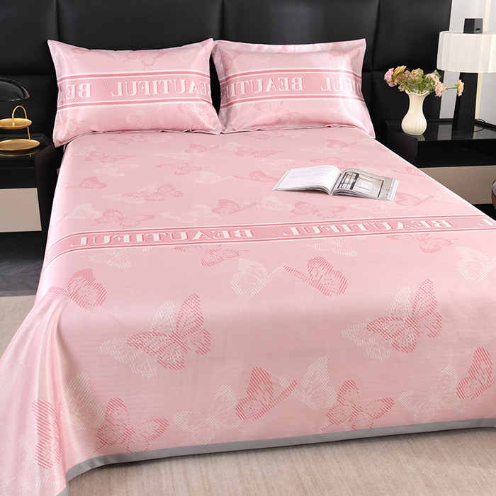 91家纺网 家纺一手货源 找家纺 绒品壹家家纺 2026新款立体数码印花凉感丝冰丝席软凉席席子三件套 蝴蝶  粉