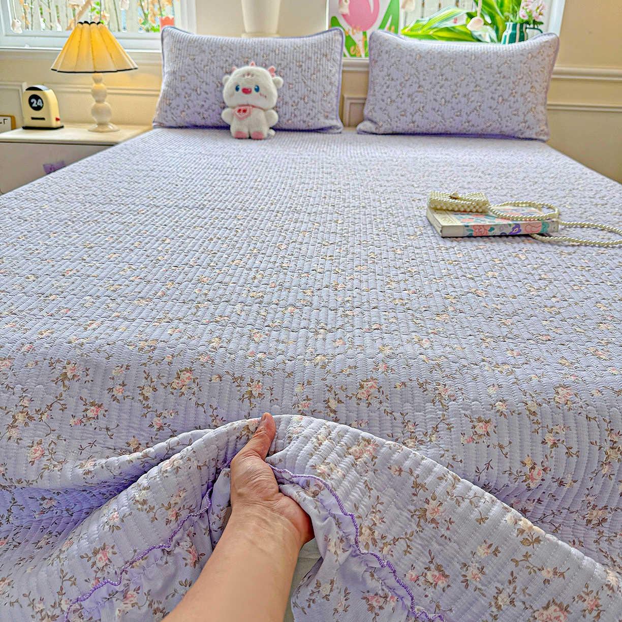 91家纺网 家纺一手货源 找家纺 恒尚居 2026新款云感皱皱纱床盖花边床单双层纱床盖三件套-四季款 花边款-紫腾花