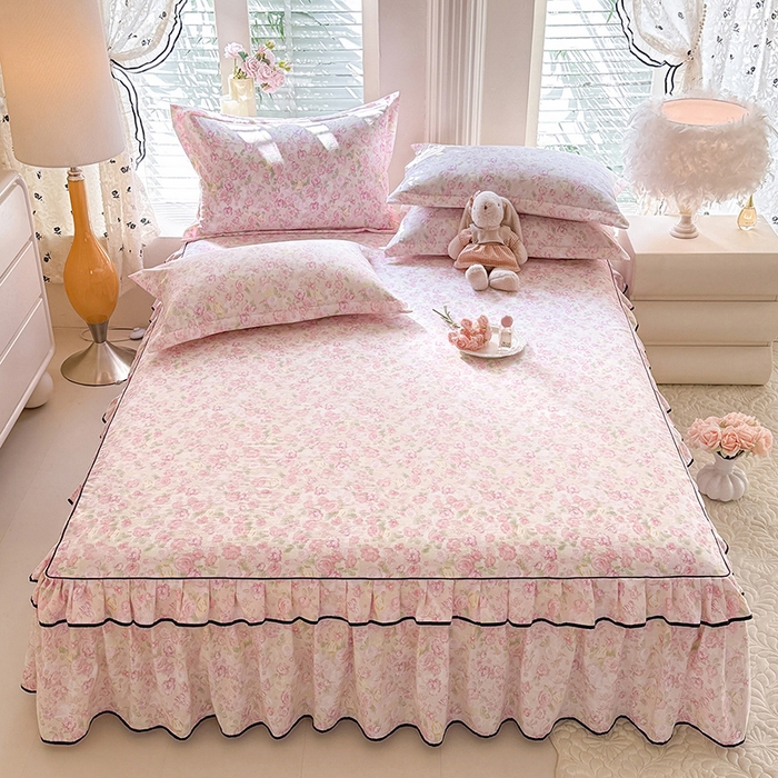 91家纺网 家纺一手货源 找家纺 （总）优家居 2026新款A类水洗棉床裙四件套皱皱纱韩版公主风花边床罩直播爆款外贸定制