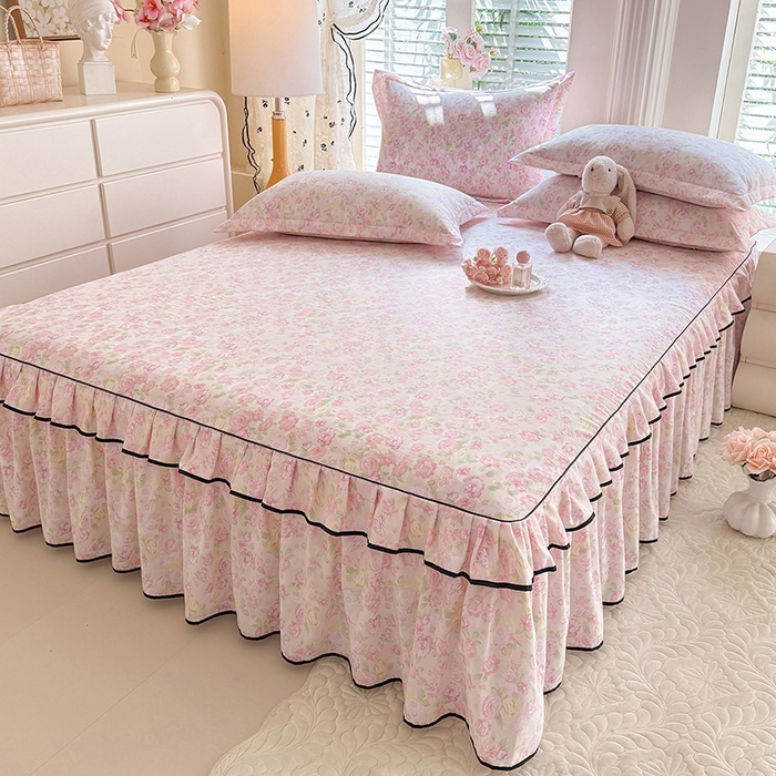 91家纺网 家纺一手货源 找家纺 （总）优家居 2026新款A类水洗棉床裙四件套皱皱纱韩版公主风花边床罩直播爆款外贸定制